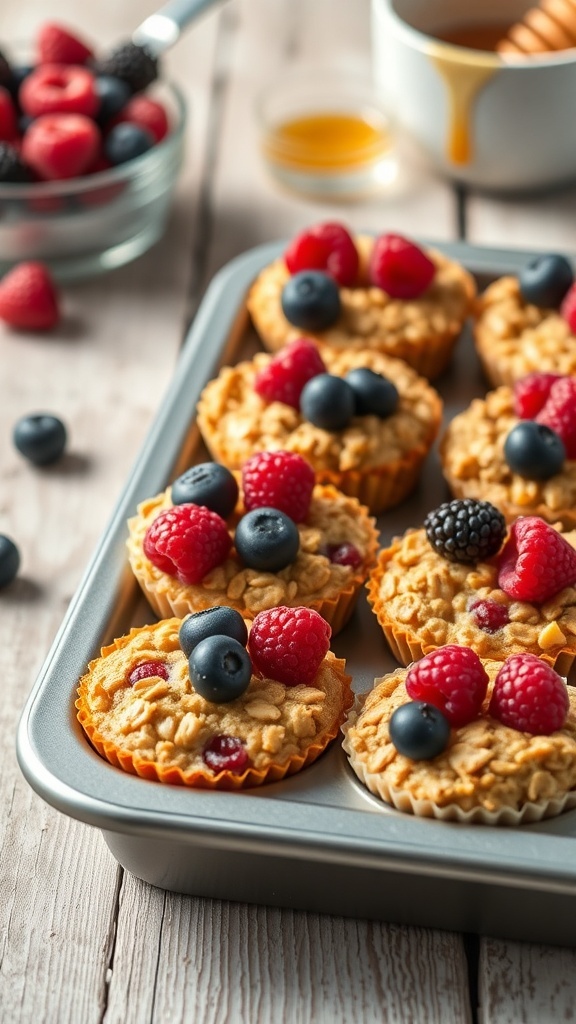 Healthy Baked Oatmeal Cups Recipe A tray of baked oatmeal cups with berries, on a rustic table with honey and fresh berries.